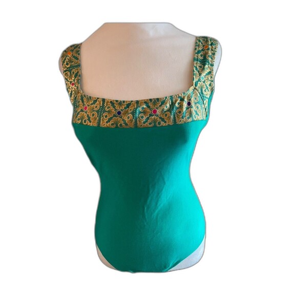 Vintage Gottex Swimsuit Green Gold Baroque Print Scoop Back 12 - Picture 4 of 15